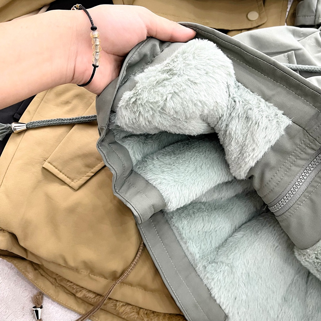 Áo khoác Parka Kaki nữ  801 trần lông siêu ấm đại hàn lót lông lông mũ tháo rời tiện lợi thiết ngắn Eva Lover