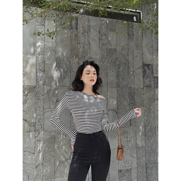 Áo lệch vai tay dài chất liệu gân đũa co dãn I HHVINTAGE