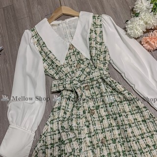 Đầm dạ Tweed cổ sơ mi phối tơ mềm 2 màu