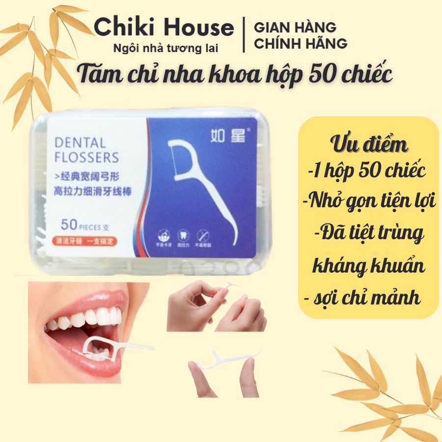 Tăm chỉ nha khoa hộp 50 cái tiệt trùng cao cấp Chiki house, chỉ nha khoa chất lượng cao bảo vệ răng nướu