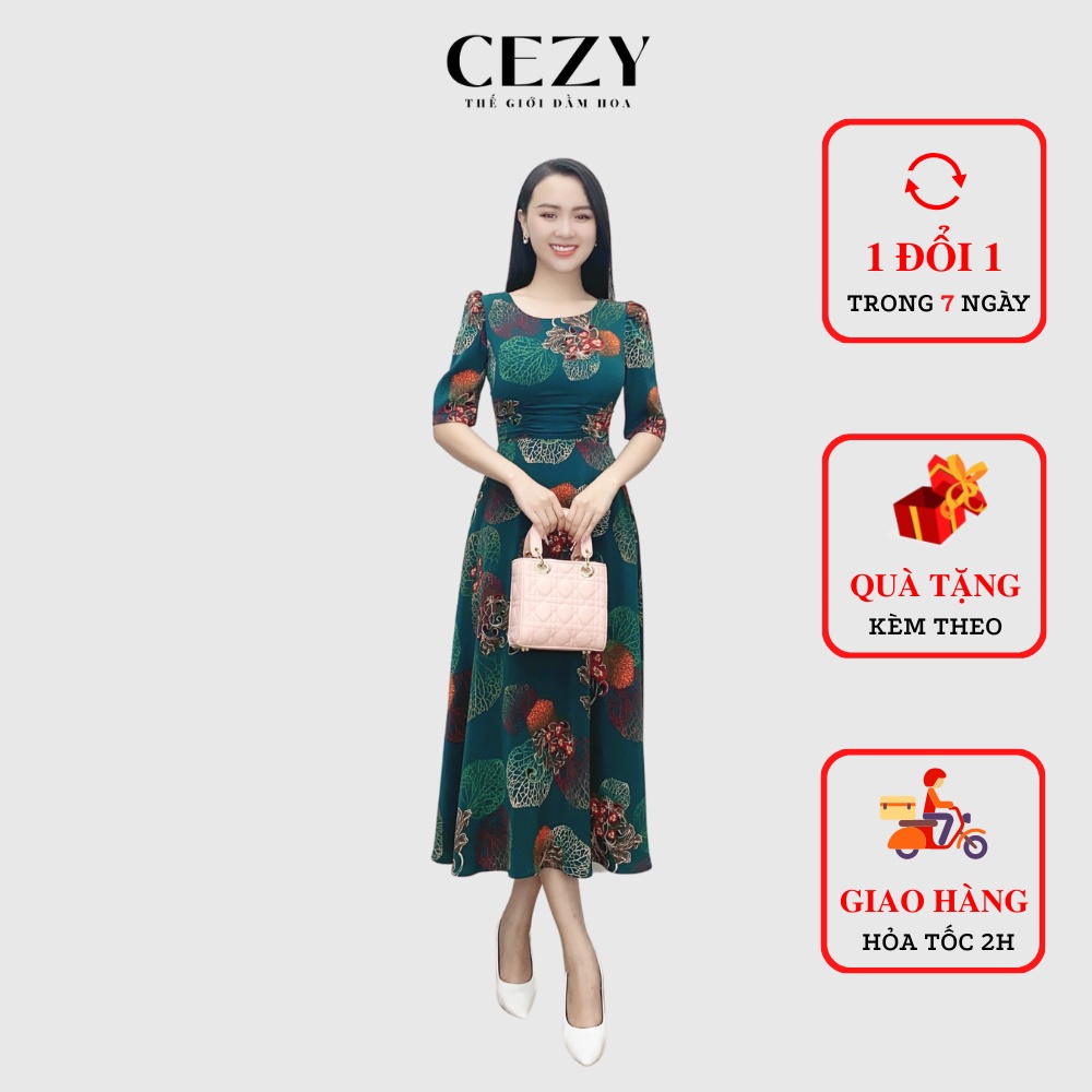 Đầm hoa nhí cổ tròn, xếp ly eo tay phồng dáng xòe dài có size bigsize CEZY D180
