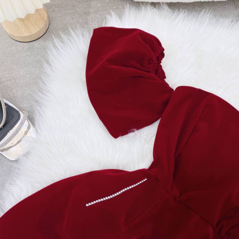 ĐẦM  NHUNG ĐỎ  ĐÍNH ĐÁ RỚT TAY PHỒNG Ảnh  chụp thật chuẩn ✨alohashop91