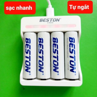 Pin sạc AA và AAA 1.2V Beston cùng bộ sạc pin C9009 sạc nhanh, tự ngắt, có 4 đèn xanh báo đầy dùng cho micro không dây