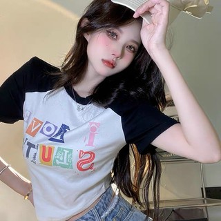 ÁO THUN CROPTOP TAY PHỐI ĐEN IN LODE