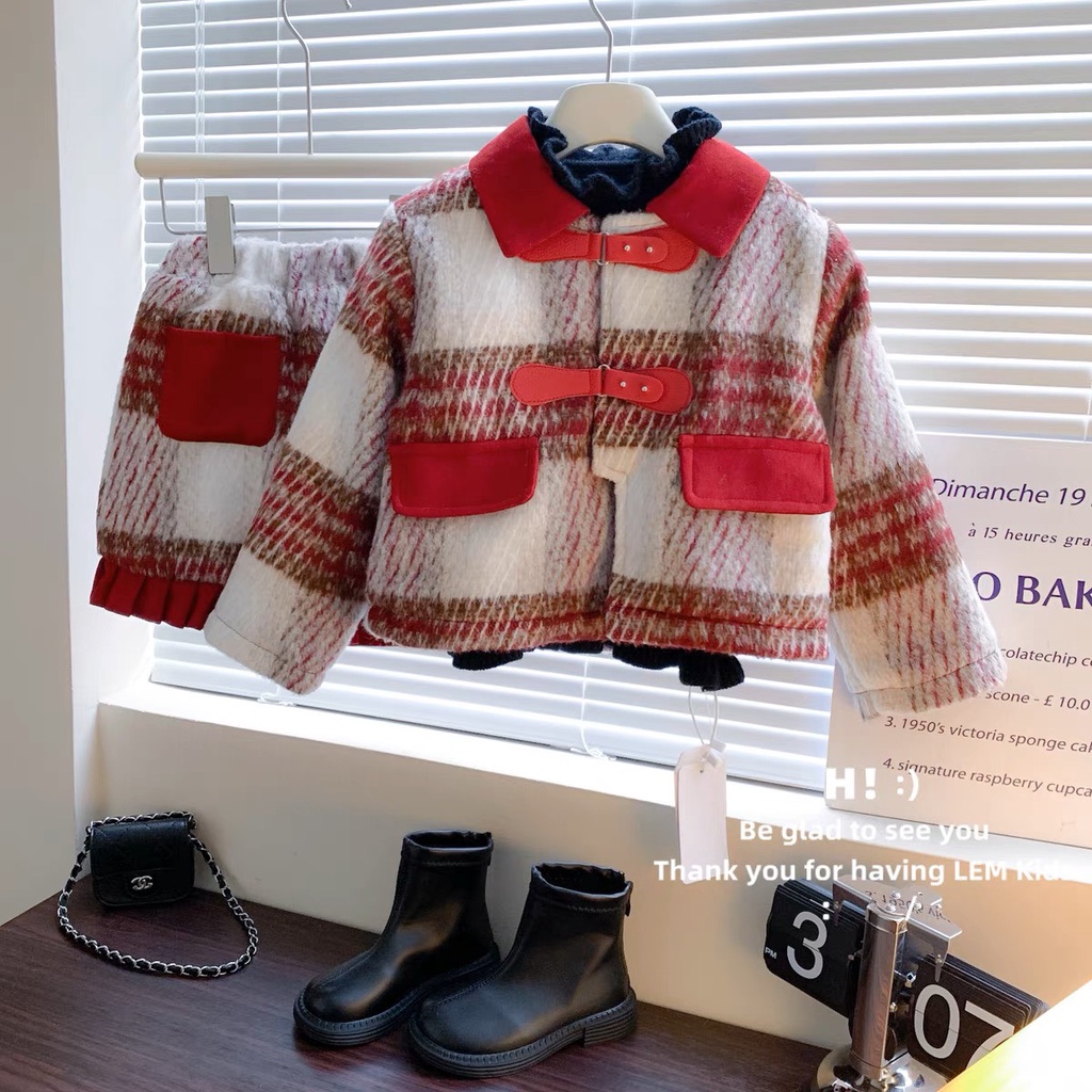 Bộ Kẻ Dạ Len Bé Gái Năm Mới Lót Thỏ Nhung Hàng QC