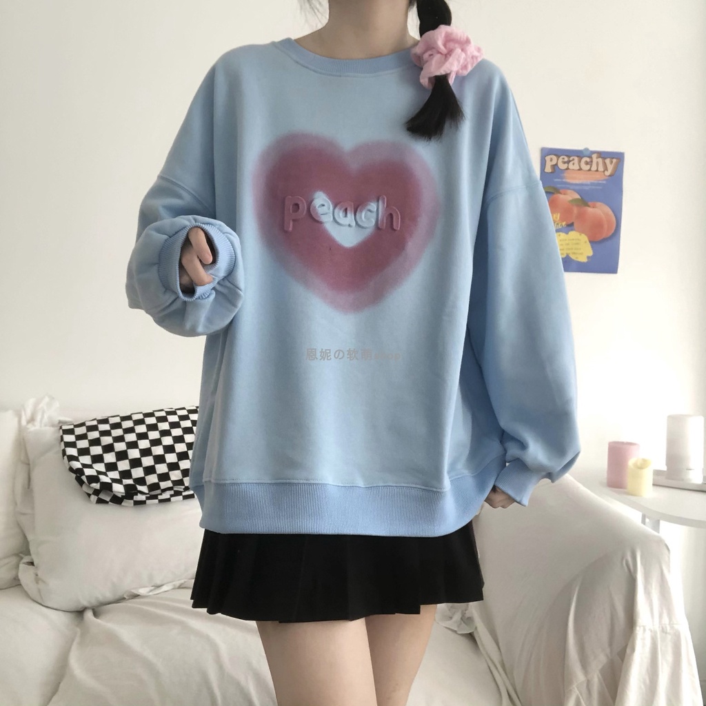 Áo Sweater Tay Dài Dáng Rộng Cổ Tròn In Hình Trái Tim Màu Hồng / Trắng Thời Trang Mùa Thu Cho Nữ
