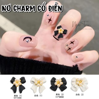 Nơ charm cổ điển lì nhám trắng đen hàn quốc | trang trí móng tay 6b