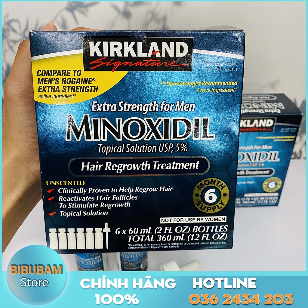 [2 lọ tặng bơm] Chai Minoxidil 5% Kirland, Dung Dịch Kích Thích Mọc Tóc, Râu Của Mỹ Lọ 60ml