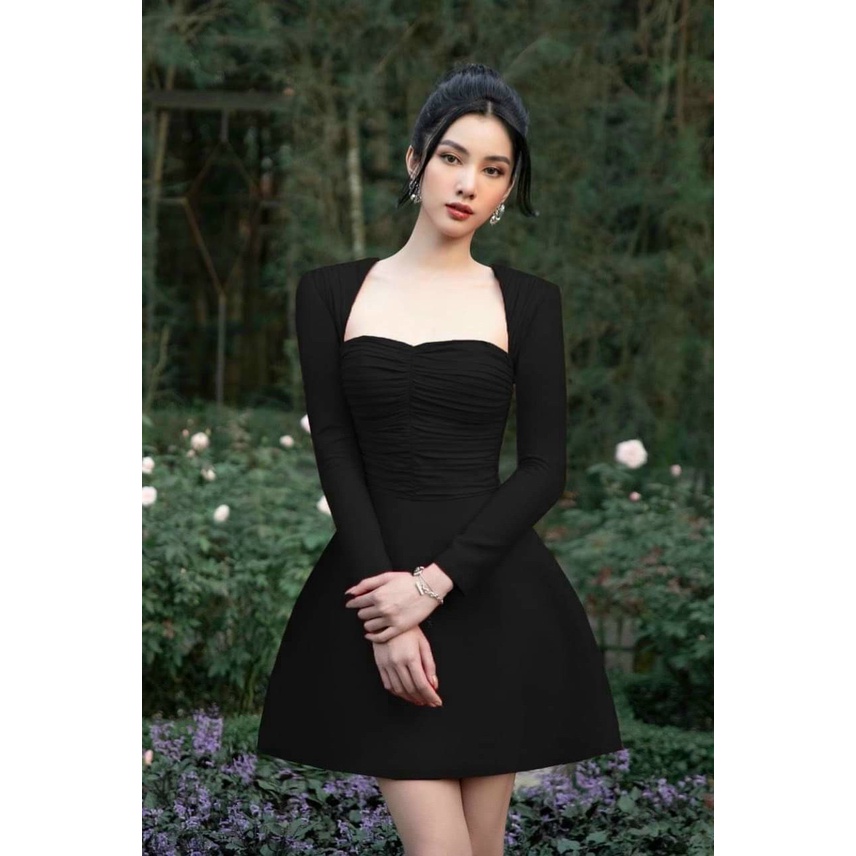 Đầm nữ thời trang mặc đi chơi chất da lộn cổ vuông tay dài cúp ngực váy chữ A cao cấp