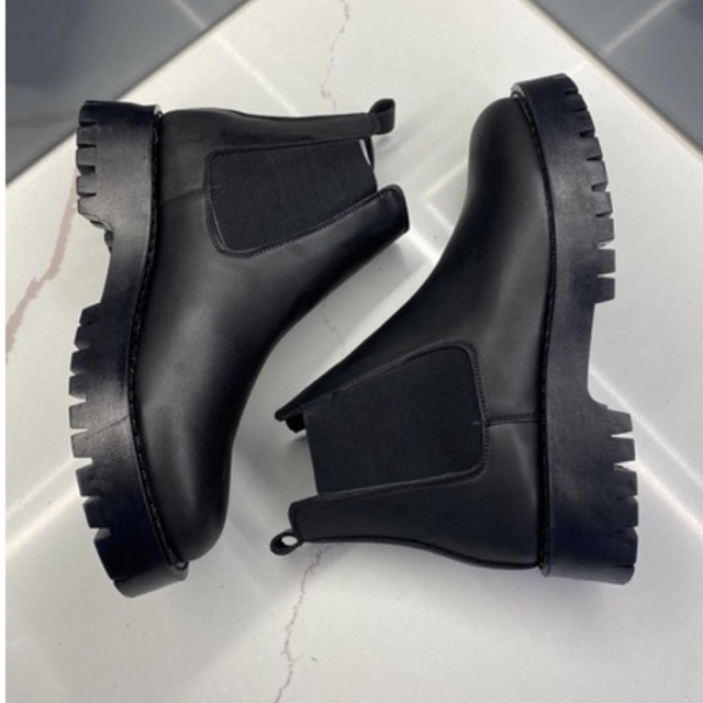 Giày Chunky Chelsea Boots Da Bò Thật Cổ Cao Mũi Tròn, Giày Bốt Da Nam Cao Cổ Viboots Da Bóng Đế Tăng Chiều Cao 5cm