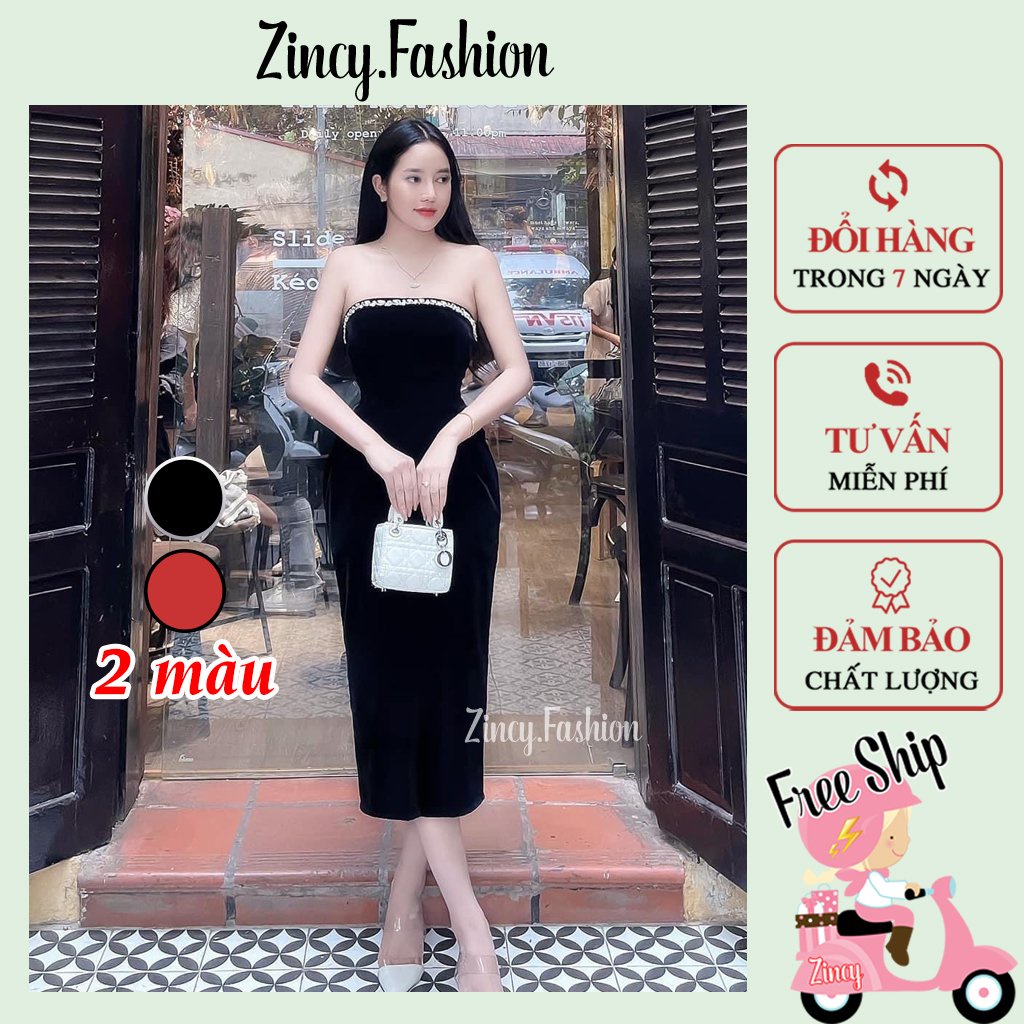 Đầm nhung dáng ôm dài cúp ngực viền đá sang chảnh Váy đi tiệc CÓ MÚT NGỰC Zincy NOMD001