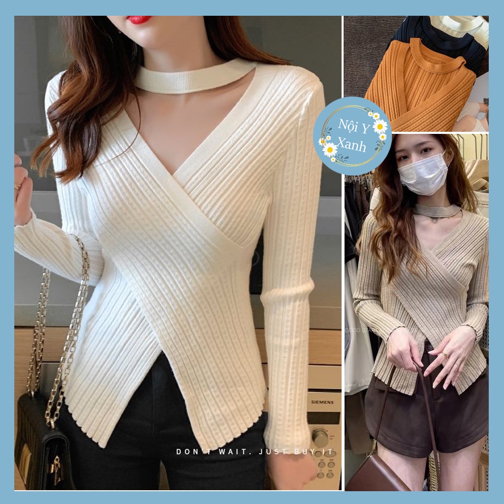 áo len nữ kiểu cổ tim dây cổ choker xây đắp vạt chéo trang điểm Nội Y Xanh hot trend thu đông ấm áp