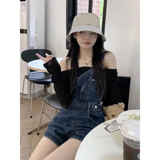 Quần yếm jean dáng ngắn ống rộng màu xanh đậm phong cách hàn quốc