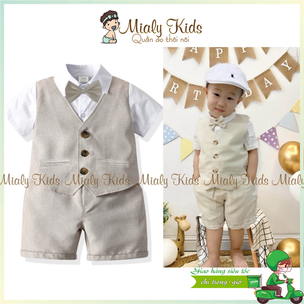 Bộ Vest Gile 3-23kg Cho Bé Trai Mặc Sinh Nhật, Thôi Nôi - Set Công Tử Màu Kem - Xanh - Caro Nâu Cho Các Bé Mặc Đồ Đôi