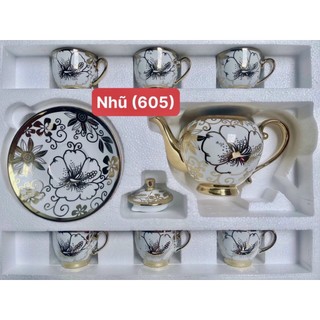 Bộ tách trà hoa văn nhũ vàng hoàng gia cao cấp - bộ ấm trà 6 ly siêu sang - tách trà