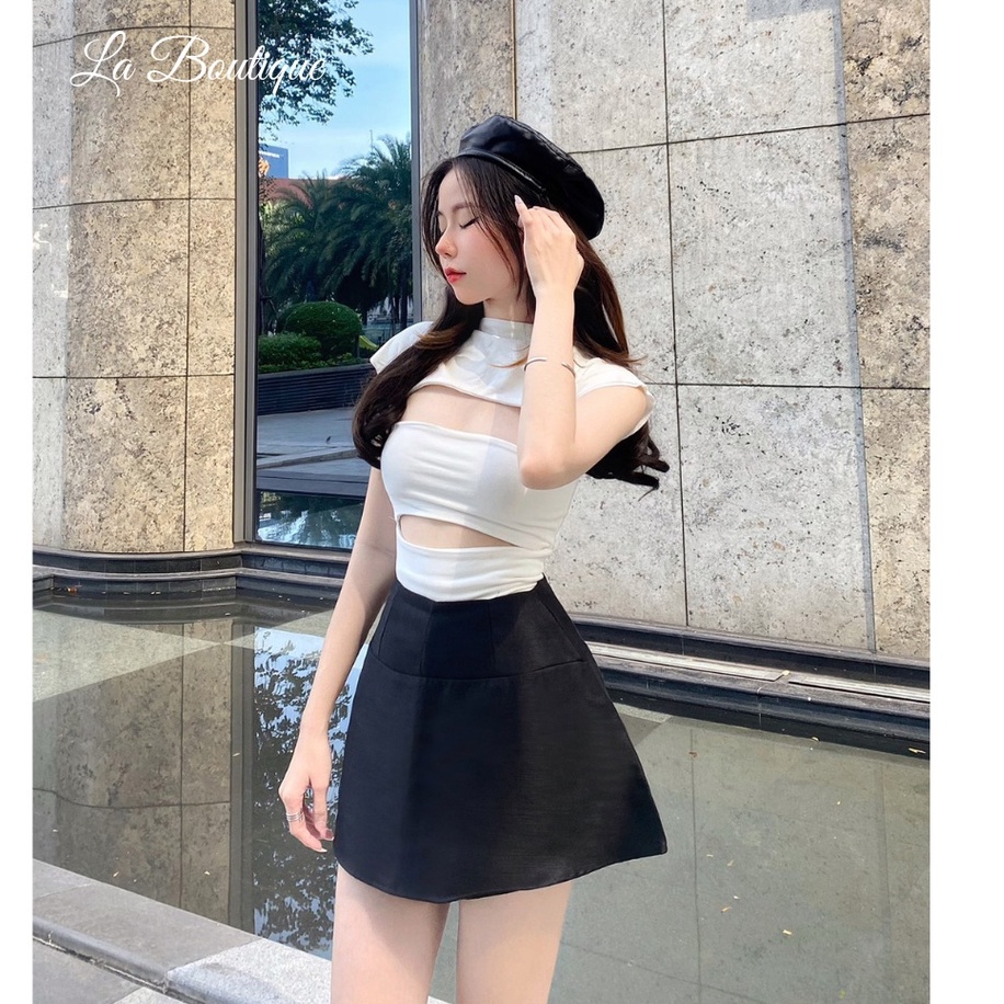 Set chân váy hack eo và áo kiểu tay ngắn khoét ngực trendy La Boutique chất thun lụa ôm body phối nhiều kiểu xinh xắn