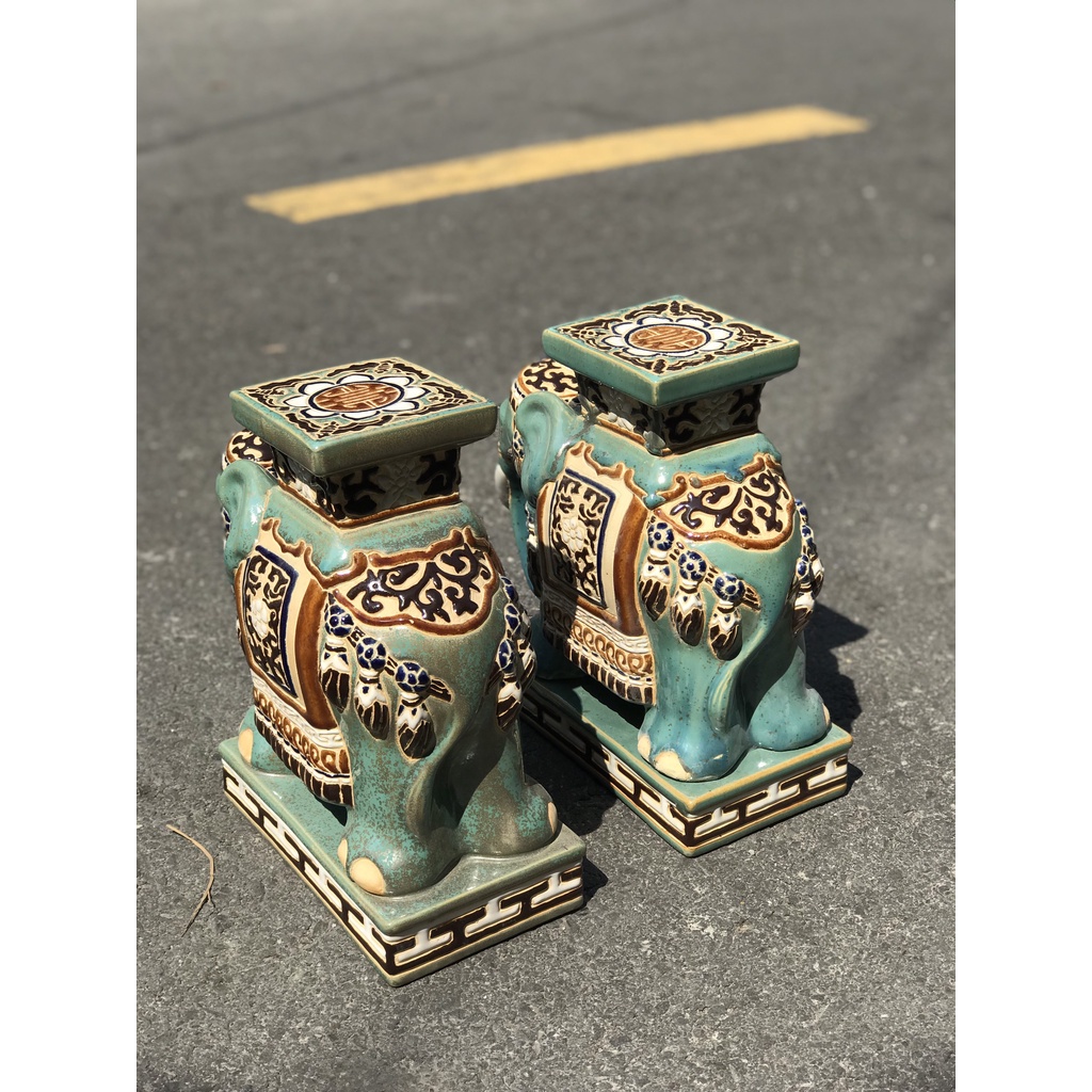 ĐÔN VOI GỐM SỨ TRANG TRÍ DECOR 30CM MEN XANH ĐỒNG TRỔ