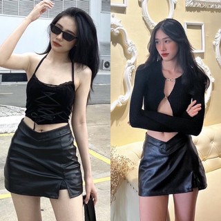 Chân Váy Da V Hở Eo Sexy Có Quần Bảo Hộ