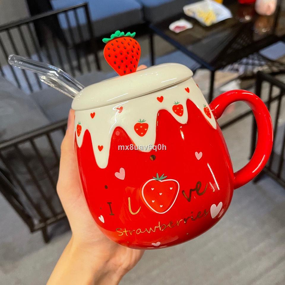 ❈ ✻ Cốc dâu tây cốc sứ có nắp thìa cà phê cặp đôi cốc cô gái dễ thương cốc ăn sáng sáng tạo