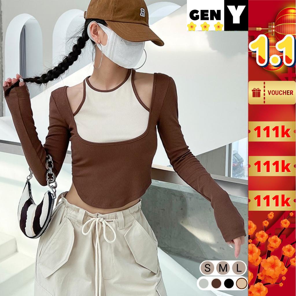 Áo croptop nữ dài tay vạt bầu hở vai sang chảnh GenY, Áo kiểu nữ cổ yếm phối 2 màu độc đáo