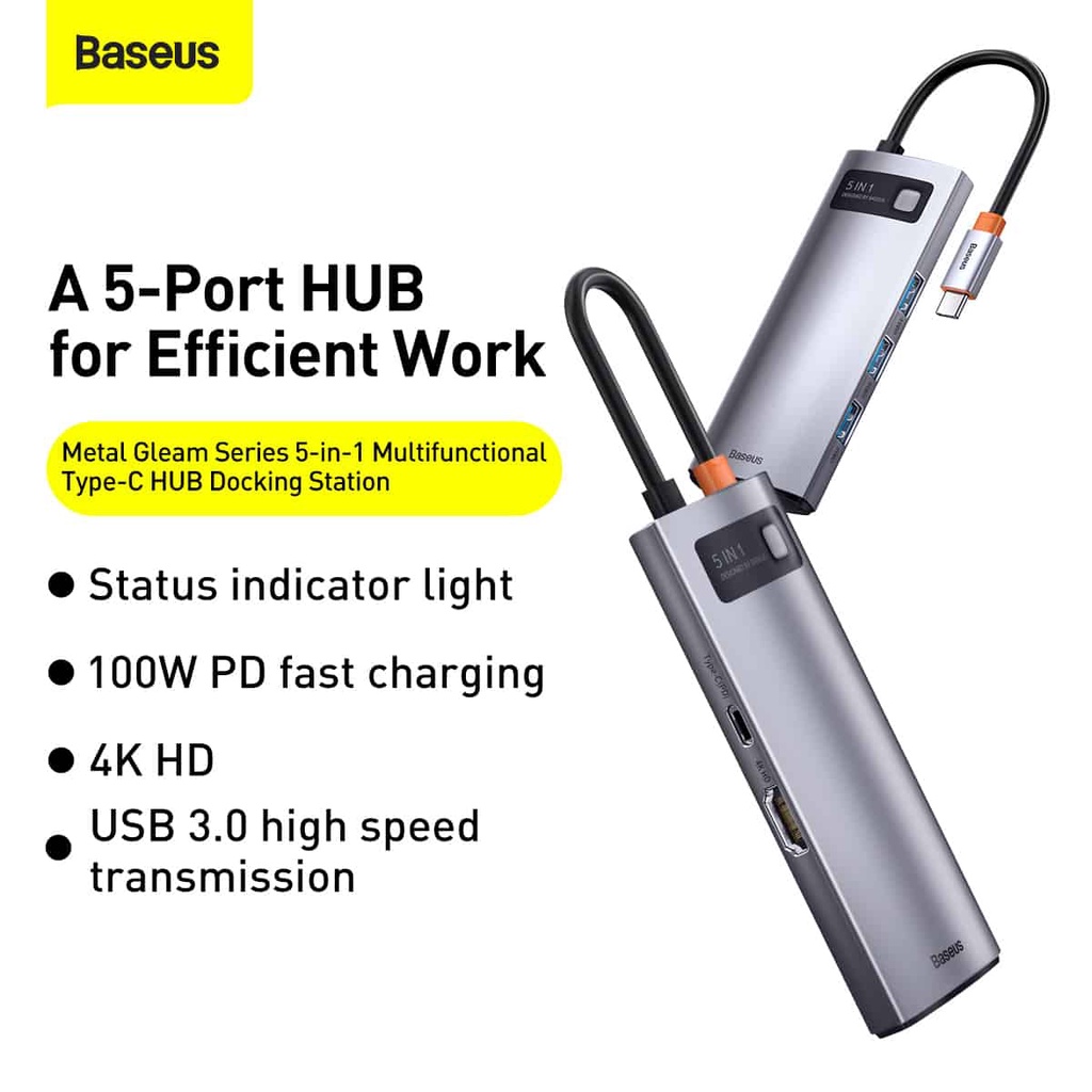 Bộ chuyển đổi đa năng Baseus Metal Gleam Type-C 5 trong 1 cho các thiết bị máy tính điện thoại hỗ trợ USB type C