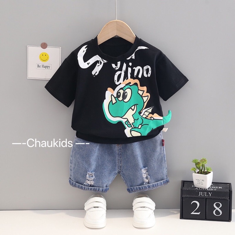 Set áo thun quần bò rách bé trai khủng long, bộ đồ khủng long cho bé