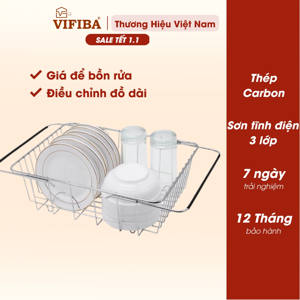Giá Rổ Gác Bồn Rửa Chén Có Thể Điều Chỉnh Độ Dài 12x25x30.5cm VIFIBA INOX Chống Gỉ