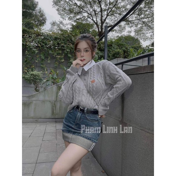 Chân váy jeans gập gấu kèm đai hàng QCL1