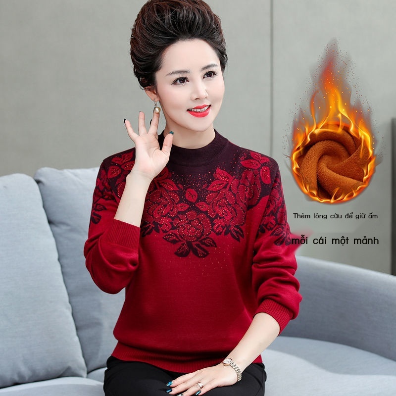 Quần áo thu đông của phụ nữ trung niên và cao tuổi cộng với áo len lông cừu mẹ dệt kim ấm áp cho phụ nữ trung niên