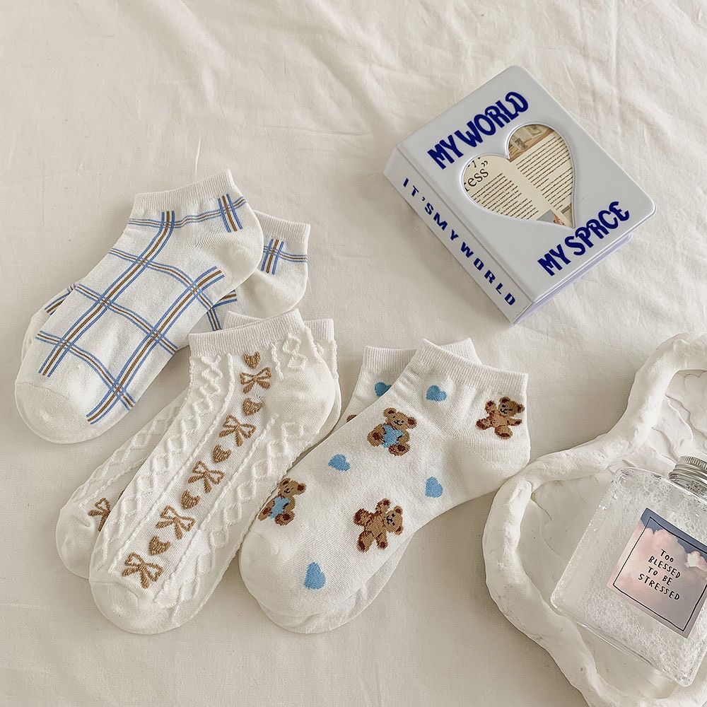 Set 3 đôi tất nữ cổ cao, cổ thấp, họa tiết nơ dễ thương, phong cách hàn quốc, chất liệu thoáng mát, thấm hút mồ hôi