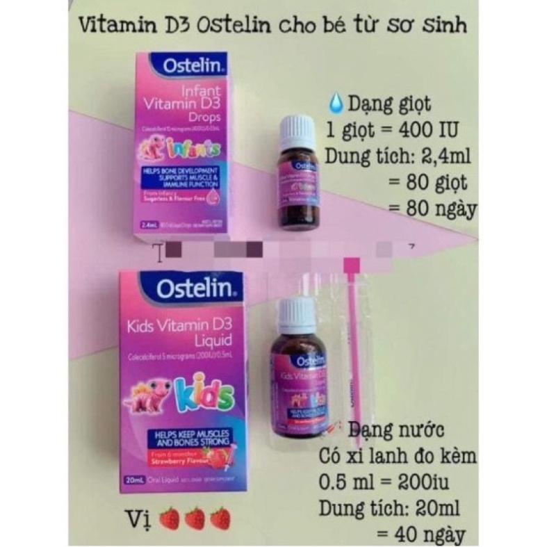 Vitamin D3 Ostelin kid liquid 20ml và Ostelin Infant Drop 2,4ml giúp hấp thu canxi cho bé -Chính Hãn