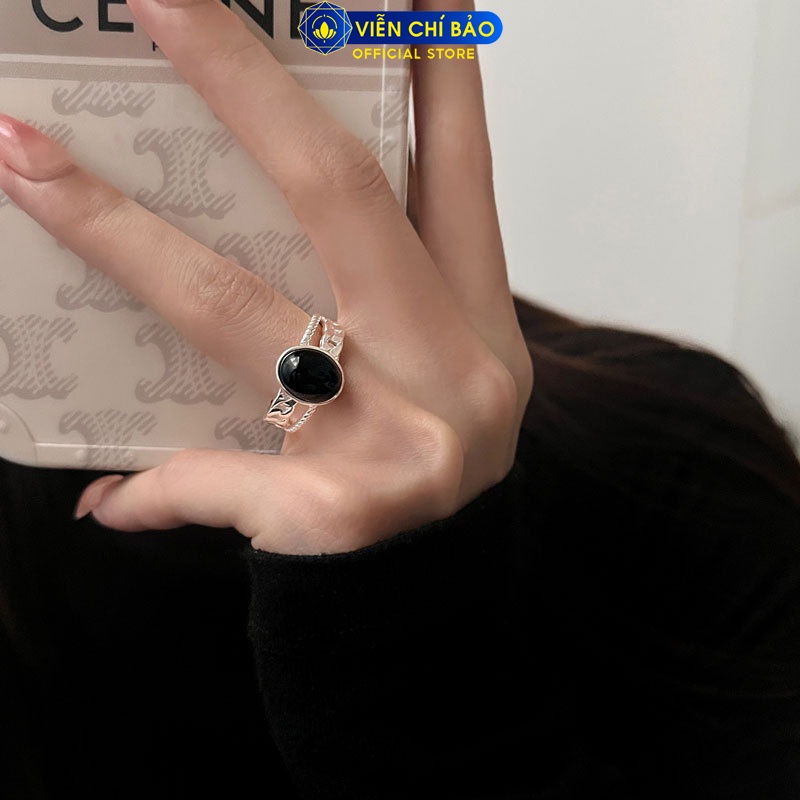 Nhẫn bầu dục đá đen viền xích chất liệu bạc Thái 925 thời trang phụ kiện trang sức nữ Viễn Chí Bảo N000146
