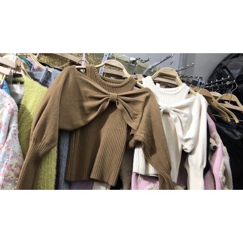Gaeul store-Áo Len cut vai cổ nơ điệu đà