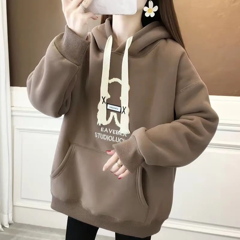 Áo Hoodie Dáng Rộng25% Vải Lông Cừu In Hình Gấu Phong Cách Hàn Quốc Thời Trang Thu Đông Hàng Mới