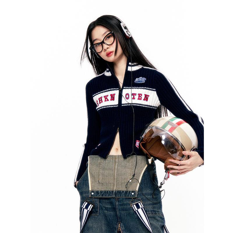 Ehk Áo Sweater Dệt Kim Mỏng Vừa Vặn Thêu Họa Tiết Sọc Màu Trắng Xanh Dương Phong Cách Retro Dành Cho Nữ