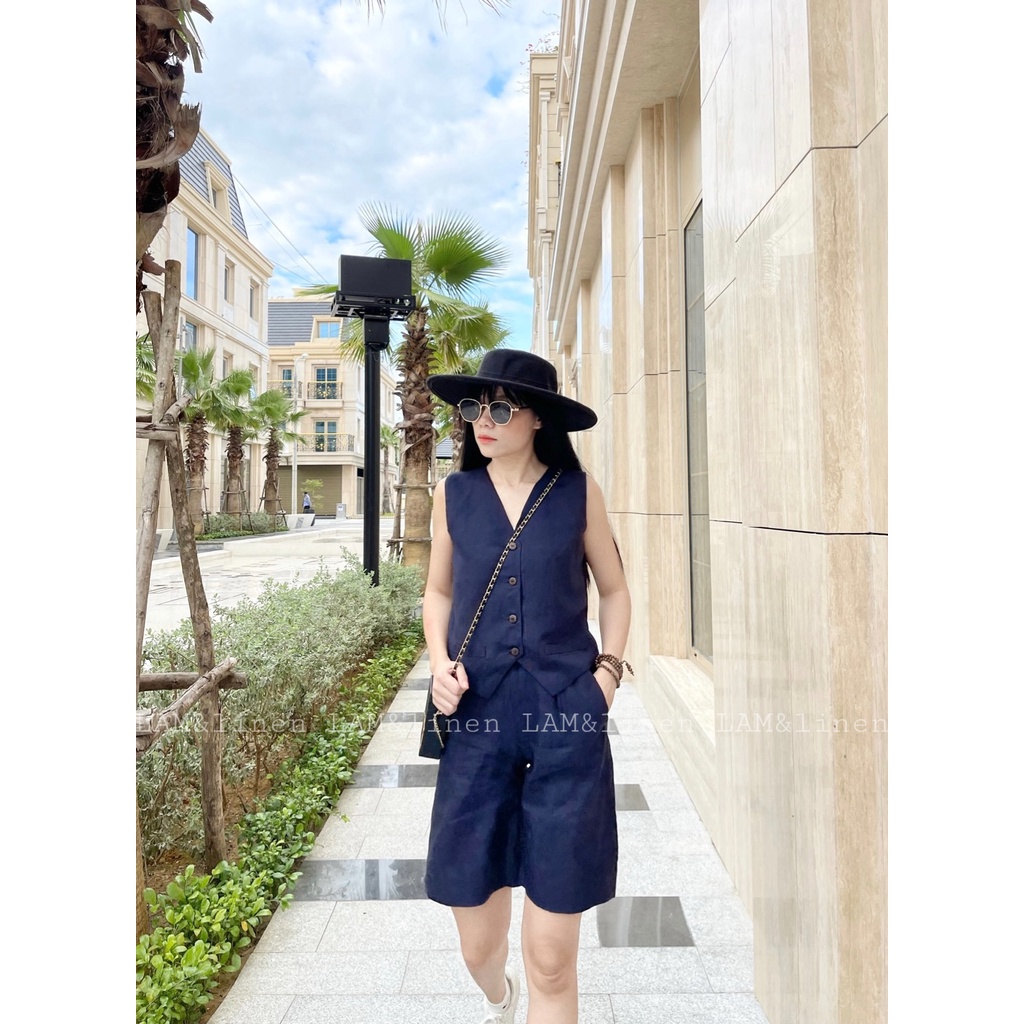 Set gồm Áo gile nữ 2 lớp và Quần lửng ngố Linen cao cấp
