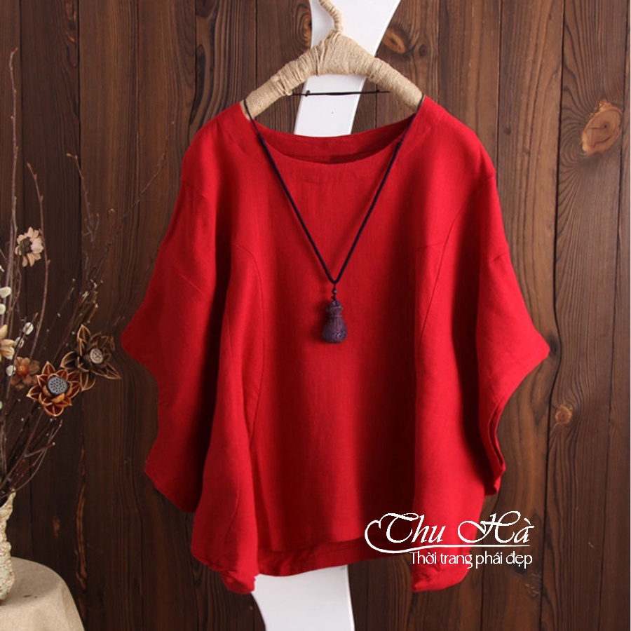 Áo cánh dơi nữ trung niên Thu Hà form rộng giấu bụng che khuyết điểm chất liệu đũi mềm nhẹ mát AKH.36