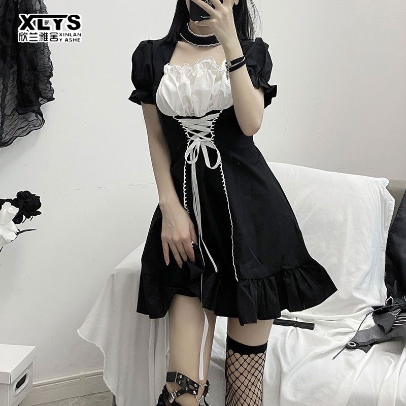 Đầm hầu gái XINLANYASHE tay phồng ôm eo màu đen