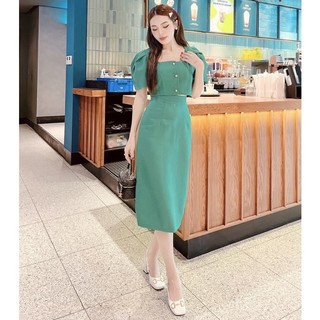 Set xanh cổ vuông nút ngọc (kèm hình thật)
