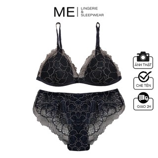 Set đồ lót nữ áo brallete không gọng mút vừa quần lót đùi boxer đen vân hoa cam hổi Me lingerie & Sleepwear