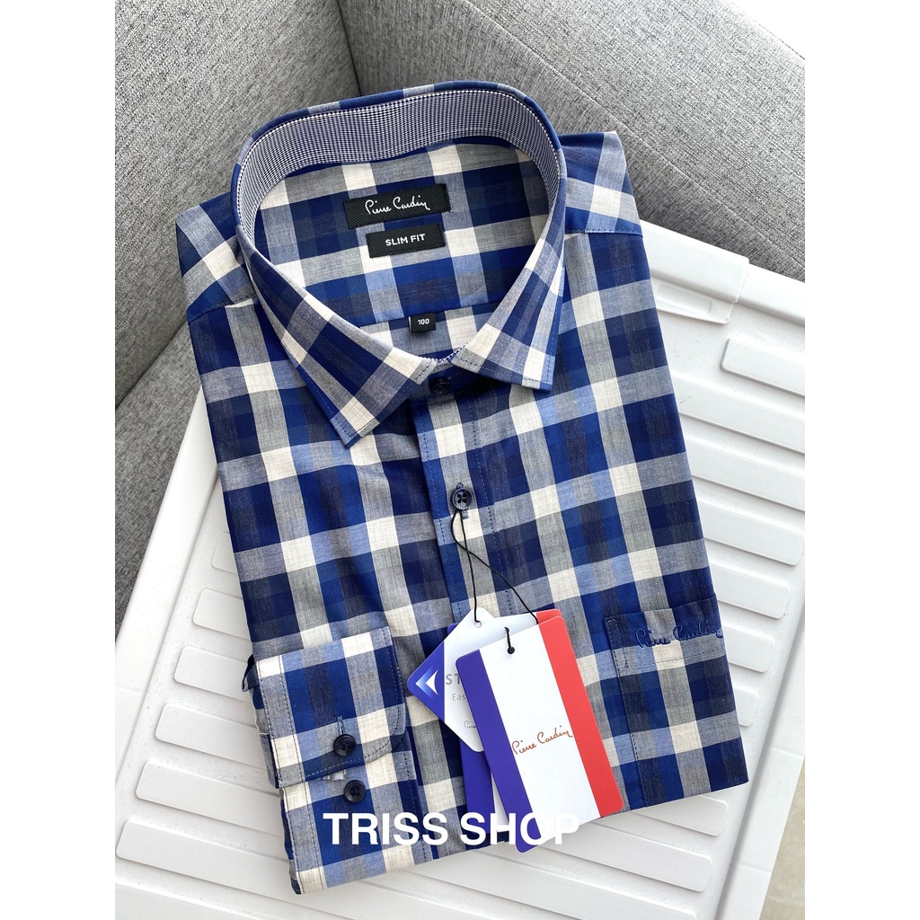 Áo sơ mi nam dài tay họa tiết caro cao cấp Pierre cardin 12 vải cotton chống nhăn form slimfit