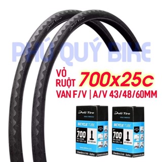 Bộ Vỏ Ruột Xe Đạp 700x25c DELI TIRE | Vỏ Trơn Ruột Van 43/48/60mm Van Pháp/Van Mỹ