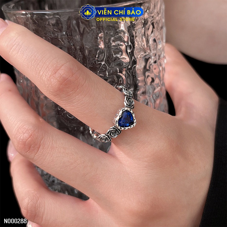 Nhẫn bạc nữ hoa hồng trái tim xanh chất liệu bạc 925 thời trang phụ kiện trang sức Viễn Chí Bảo N000288