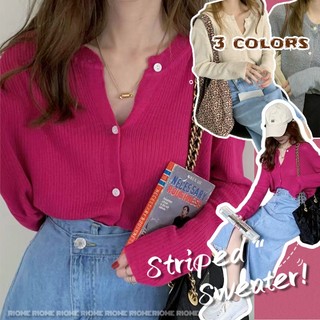 Áo Khoác cardigan Dệt Kim Mỏng Dáng Rộng Cổ Tròn Tay Dài In Họa Tiết Kẻ Sọc Màu Hồng Xinh Xắn Cho Nữ