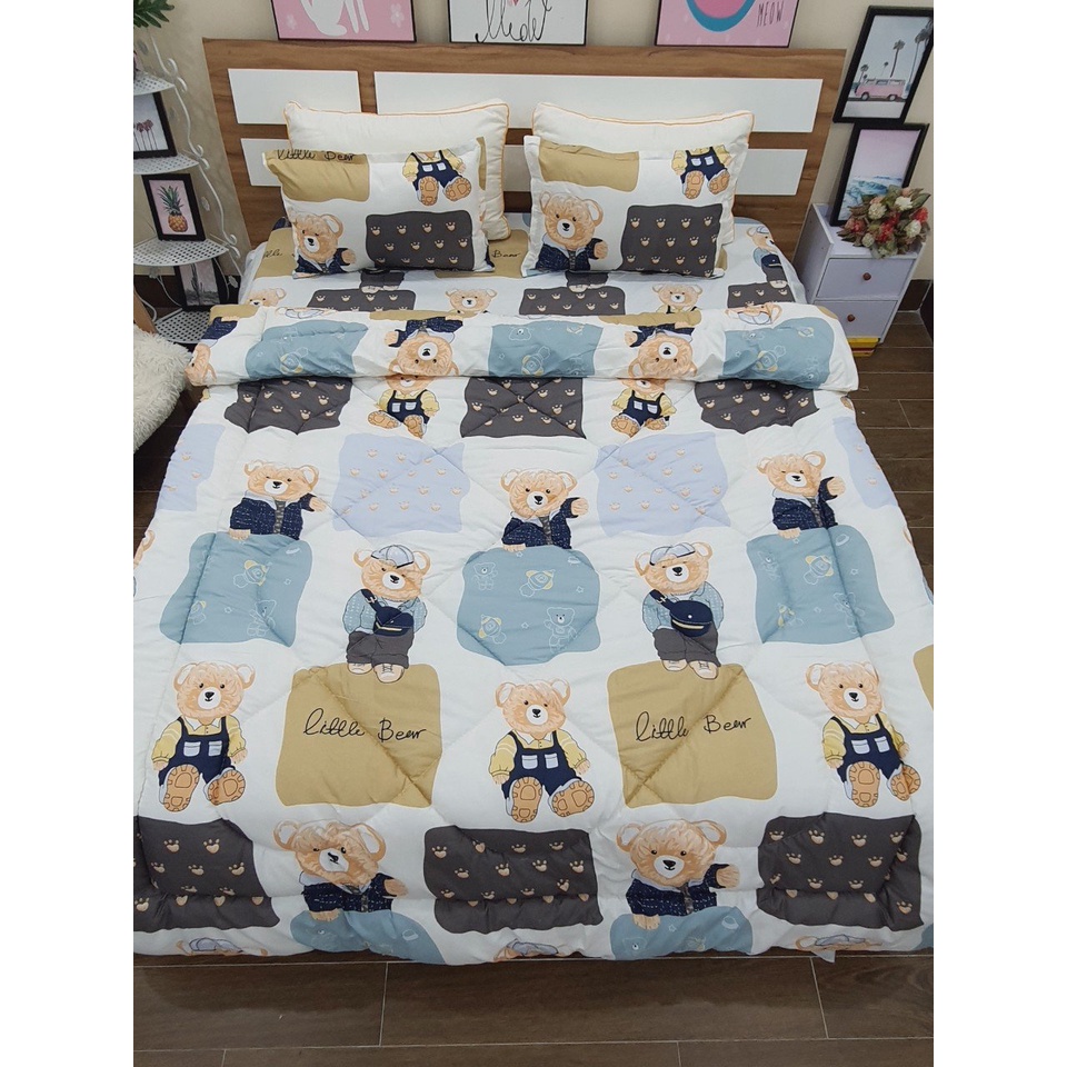 (NEW)  Trọn bộ 5 món ga gối chăn phao poly cotton Hươu sao có ruột bông dày mùa đông loại 1 kích thước 1m2/m6/m8/2m2