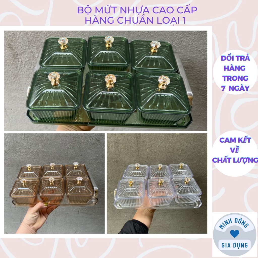 Khay đựng bánh kẹo nhựa cao cấp đựng hoa quả mứt tết 6 ngăn có nắp, hộp đựng thực phẩm bánh kẹo sang trọng