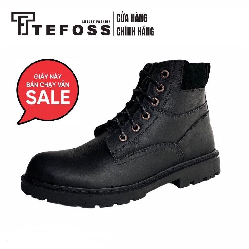 Giày Boots Nam Cao Cổ TEFOSS HN612 Đen Da Bò Thật size 38-44, đế cao su đúc nguyên khối khâu chắc chắn