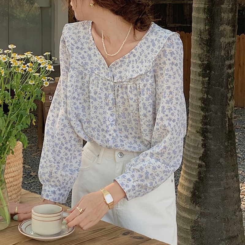 Áo sơ mi SUXI tay dài dáng rộng cổ búp bê in hoa thời trang cho nữ
