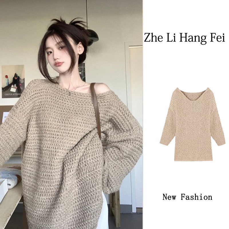 ZHELIHANGFEI Áo len dệt kim vai dài tay, tay áo rộng vai