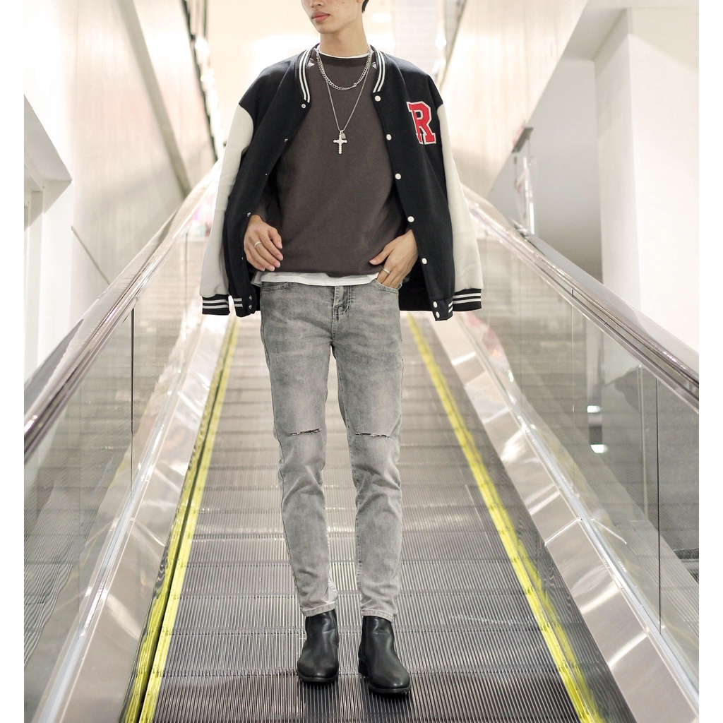 Quần bò nam rách gối slimfit co giãn màu xám pon.mens